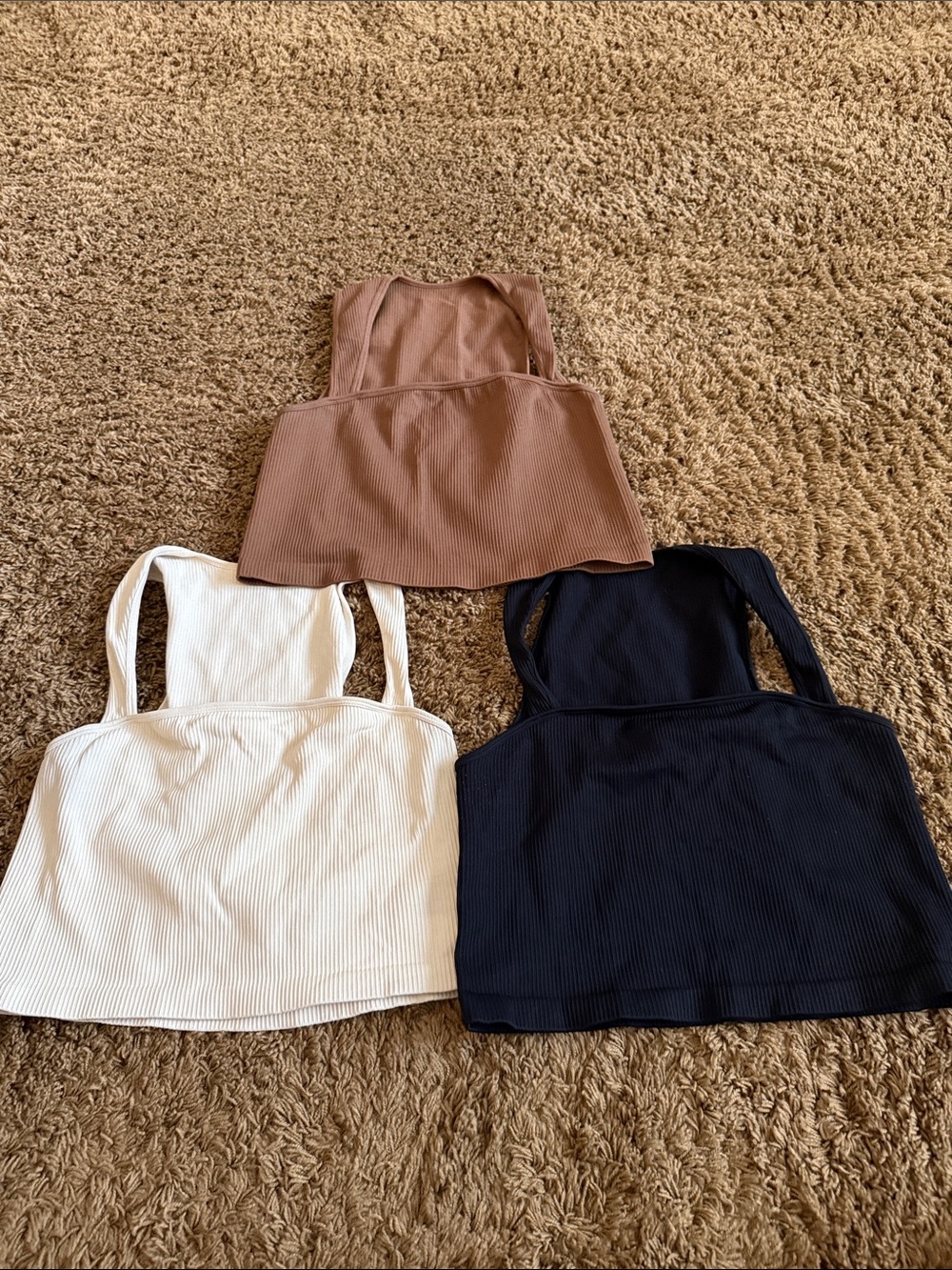 Amazon Ribbed Square-Neck Crop Tank Trio - White, Brown, Black
